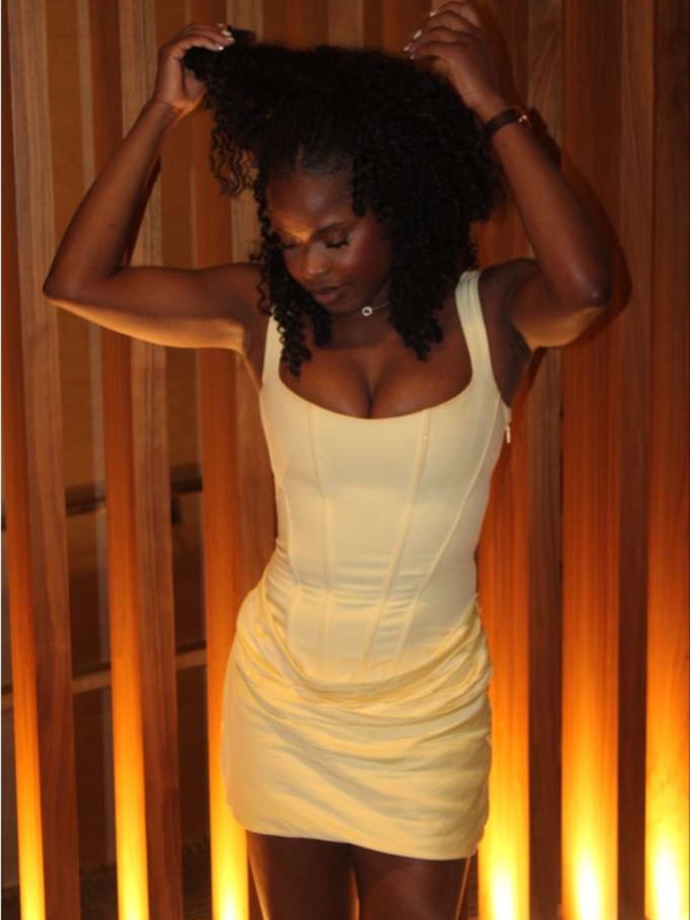 Structured Square-Neck Mini Dress in Pale Yellow - Picture 4 of 4